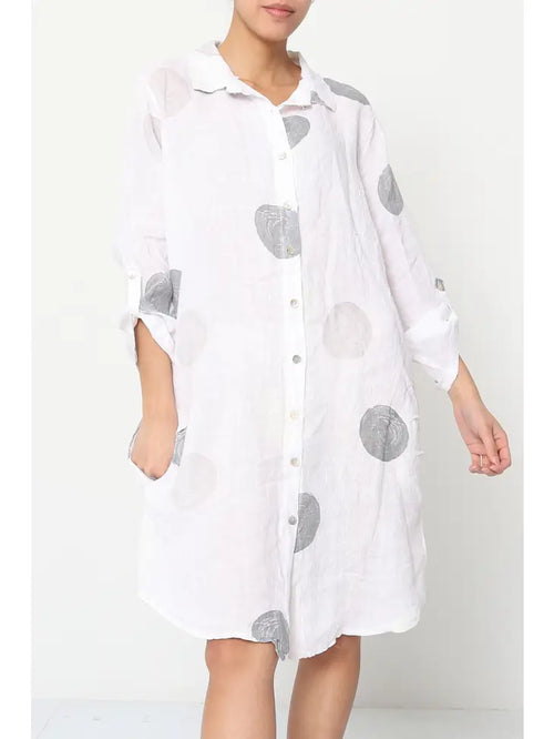 197A Button Down Circle Dots Dress 100% Linen