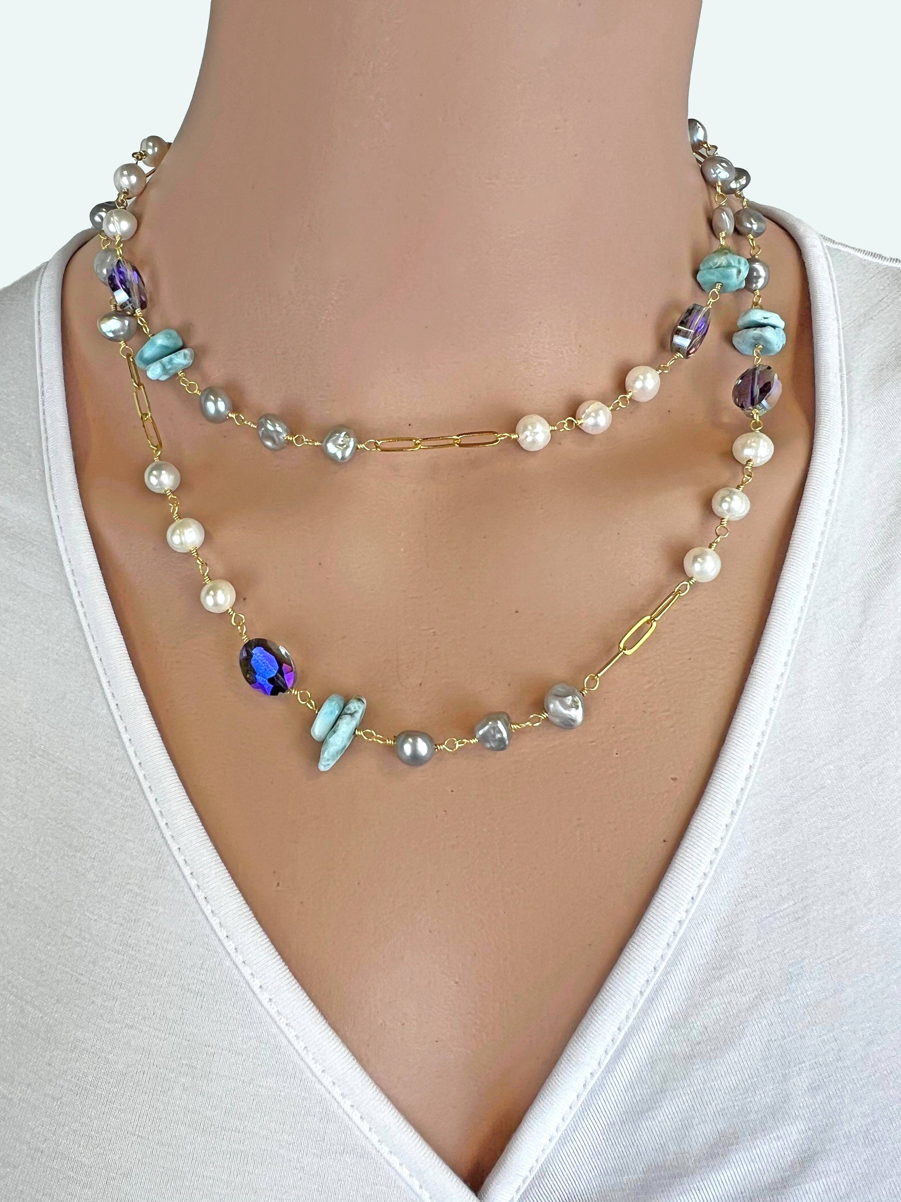 Cultured Pearl, Larimar Crystal Rosary Style Necklace – Cottonways