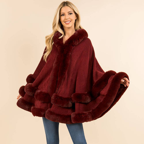Faux Fur Trim Hooded Drape Cape Poncho