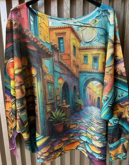 VIVIL Blue Houses Round Neck Knit Printed Sweater