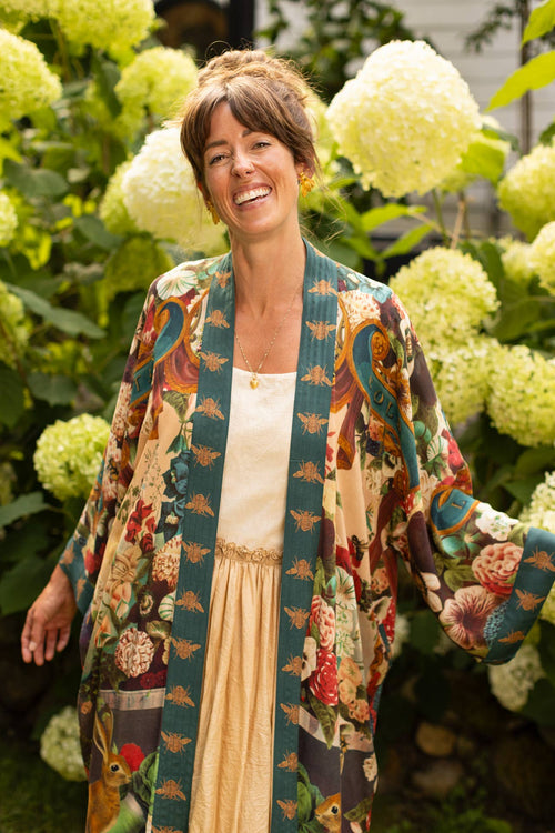 Stay Gold Floral Bamboo Kimono Duster Robe w/ Rabbit & Bees