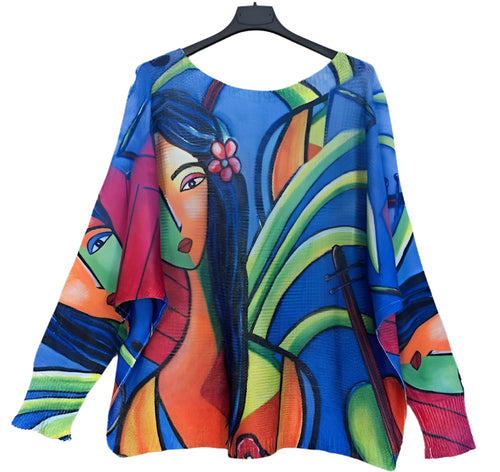 173 One Size Blue Picasso Style Printed Sweater