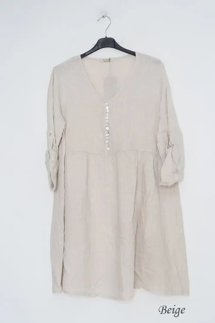 100% Linen Bitty Button Dress - 1139