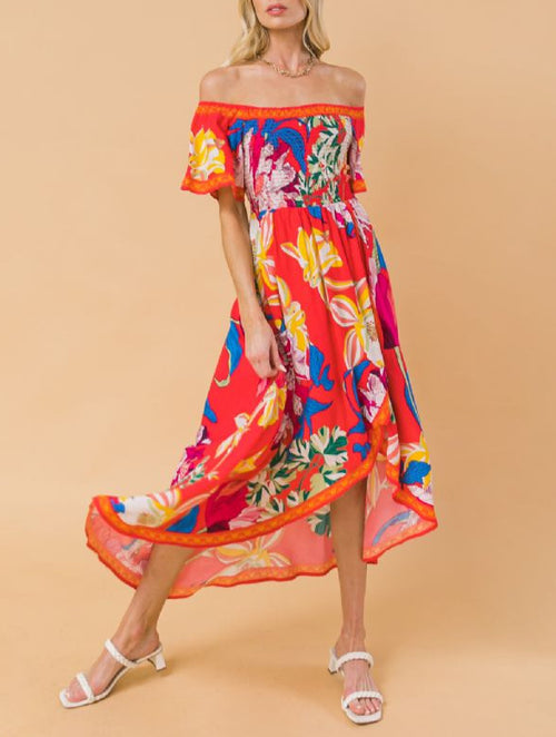 Floral Off-Shoulder Woven Wrap Dress