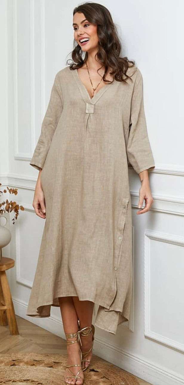 21938 Long Side Button-Up Detailed Linen Dress Cottonways 21938 Long Side Button-Up Detailed Linen Dress Cottonways
