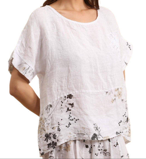 Linen Top with Floral Hem 12062