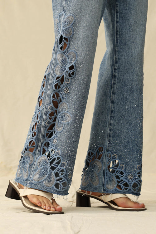 Blue Mid Rise Embroidered Lace Wide Leg Jeans BYW8305
