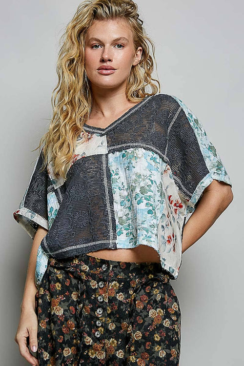 Printed See Through V-Neck UWT795 - Charcoal Multi