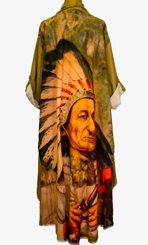Duster with Sitting Bull Print – Olive & Multi-Color Graphic