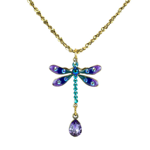Purple and Iridescent Green Dragonfly Crystal Drop Necklace