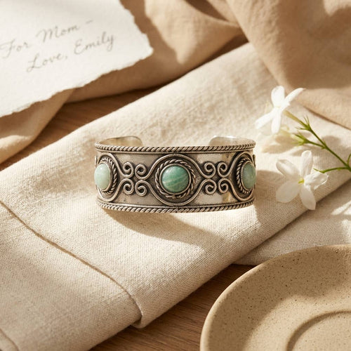 Handcrafted Kashi Antique SilverCuff with 3 Amazonite stones - 4209