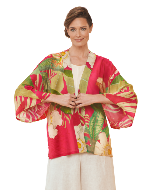 Delicate Tropical Kimono Jacket in Dark Rose