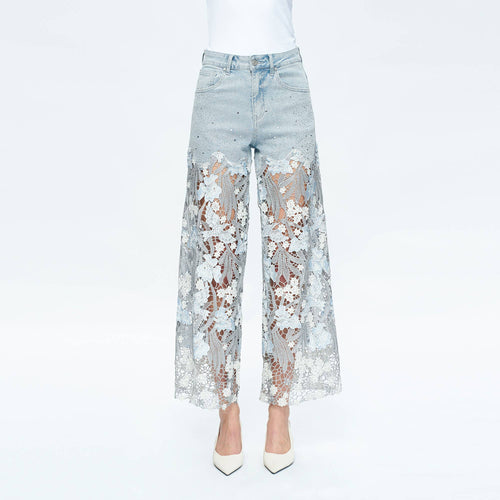 Wide Leg High Rise Jeans with Lace 8090