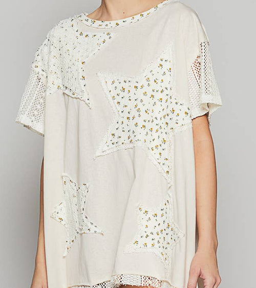 Vintage Washed Short Sleeve Star Patches Top UKT488 Sale!