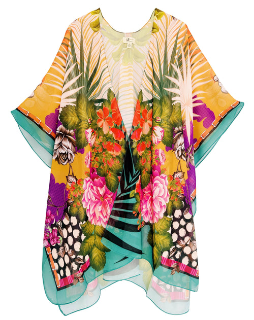 71206 Teal-Purple Tropical Floral & Leaf Kimono