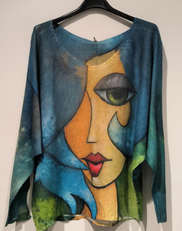 CPILA Blue " Picasso" Lady V-Neck Knit Printed Sweater