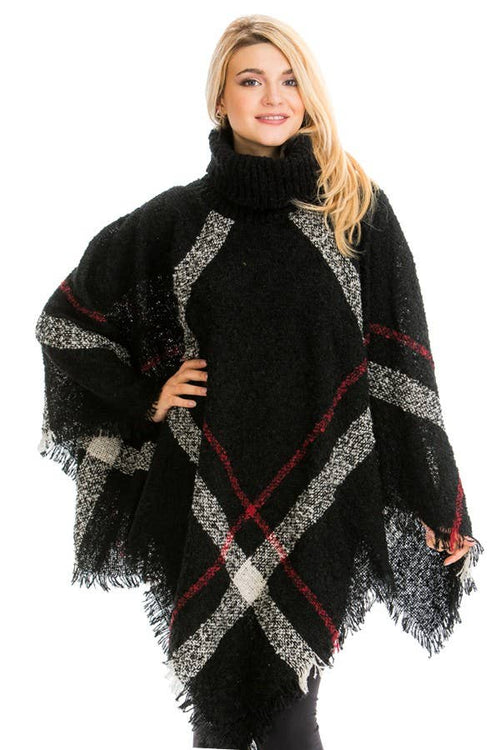 Plaid Patterned and Distressed Blanket Turtle Neck Poncho