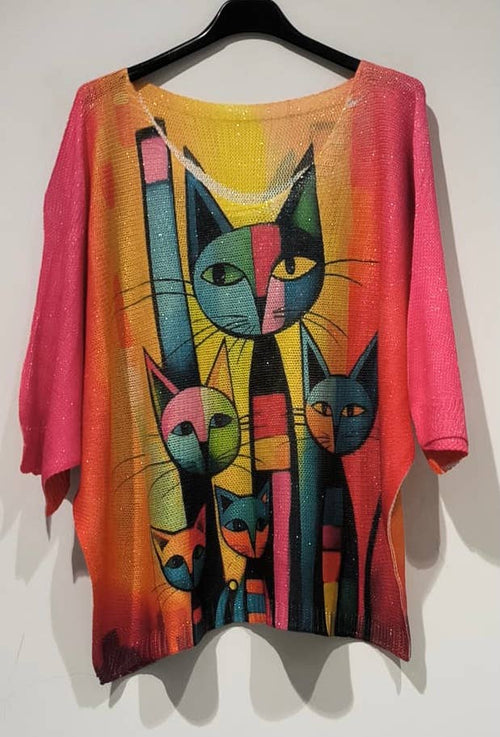 POCATP Pink Cat Knit Printed Sweater 3/4 sleeves