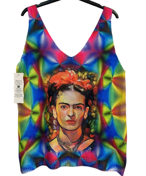 "Frida" Blue  V-Neck Knit Printed Sleeveless