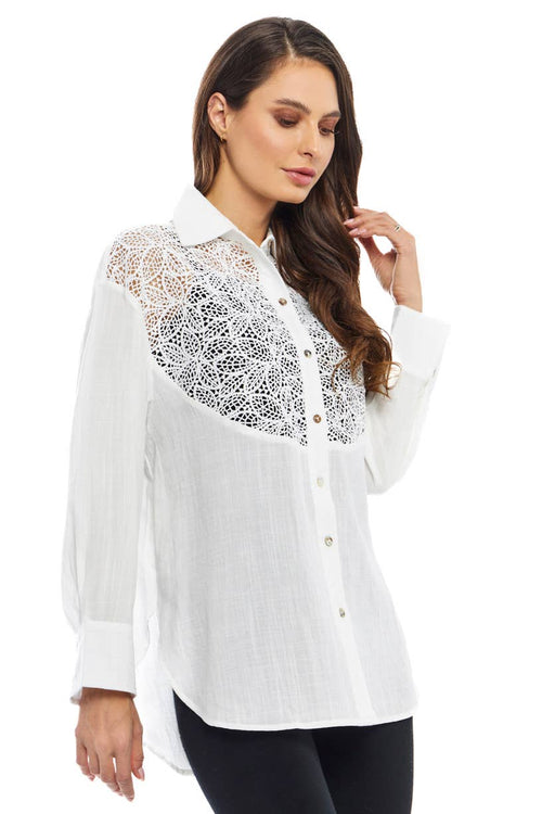 B3624 White Button Down Top with Lace