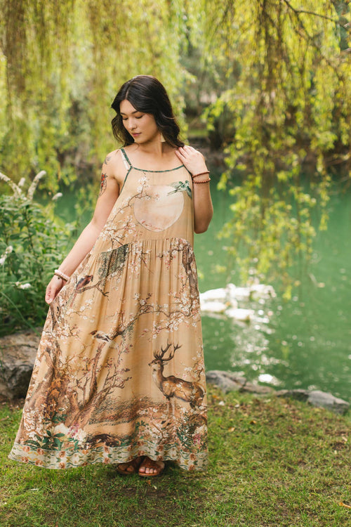 Fable Bohéme Long Maxi Slip Dress w/ Blossoms, Deer & Moon
