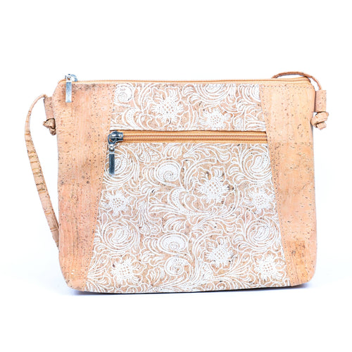 Floral White Print Cork Shoulder Bag with Zippered Pockets