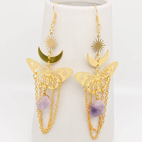 Butterfly Amethyst Pendant Chain Tassel Earrings - MS