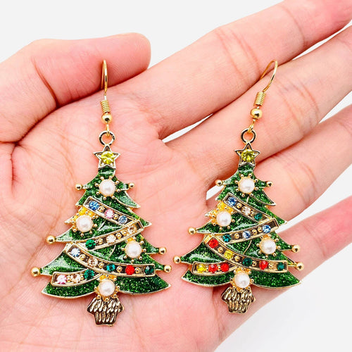 Christmas Tree Rhinestone Stars Pearl Dangle Earrings