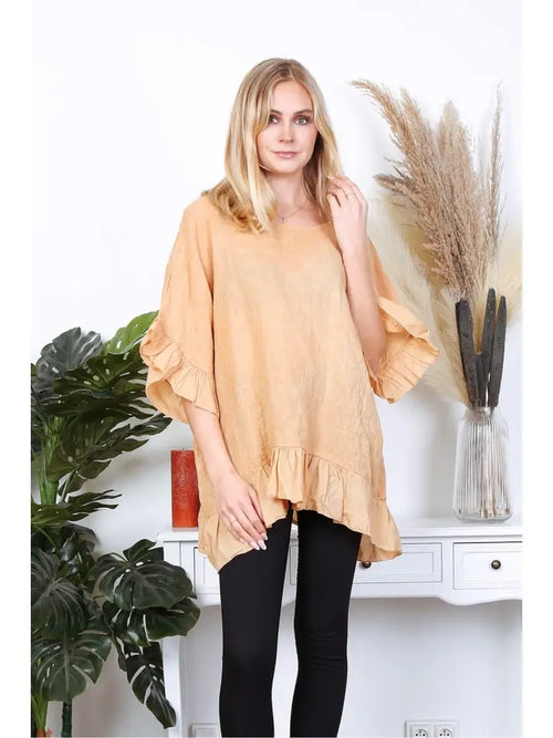 3246 Ruffle Trim & Sleeve Linen Top