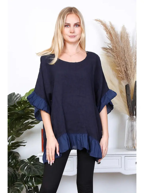 3246 Ruffle Trim & Sleeve Linen Top