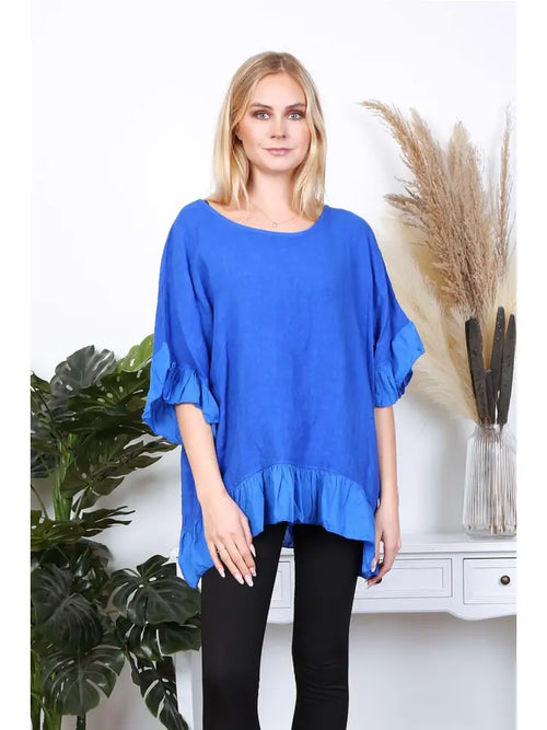 3246 Ruffle Trim & Sleeve Linen Top