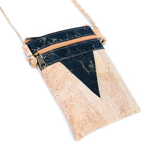 Triangle-Cut Natural Cork Women's Crossbody Bag with 2 Zipper Compartments BAGP-272-MIX-4