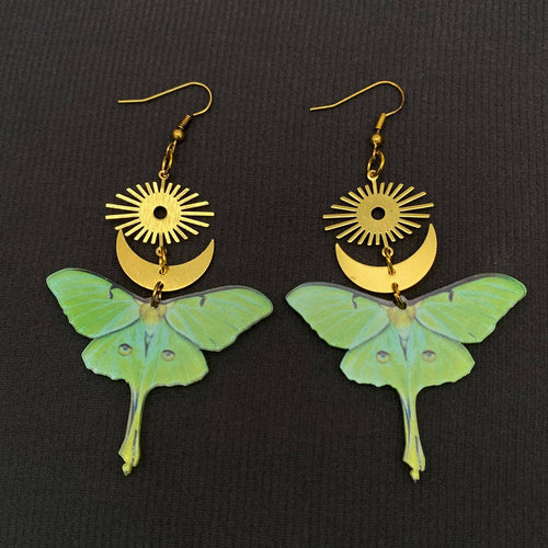 Acrylic Green Moth Gold Plated Moon Sun Dangle Earrings