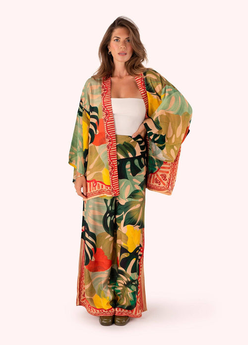 Cotton Wide Leg Trousers - Exotic Leaves