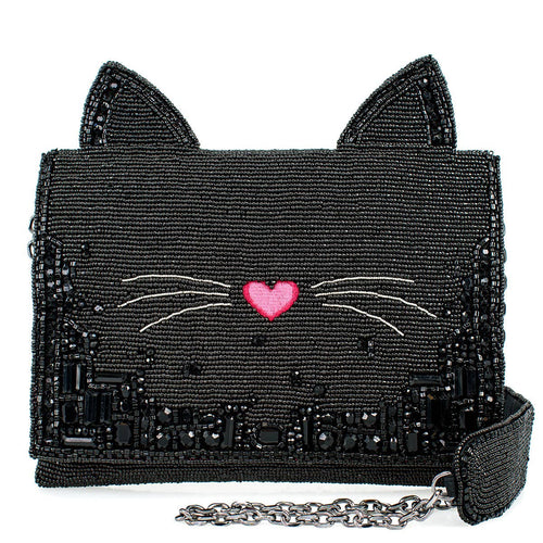 Kitty Couture Black and Pink Beaded Cat Crossbody Handbag