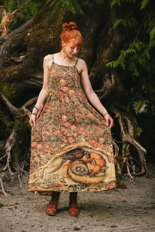 Woodland Wisdom Bohéme Maxi Slip Dress w/ Florals, Fox & Owl