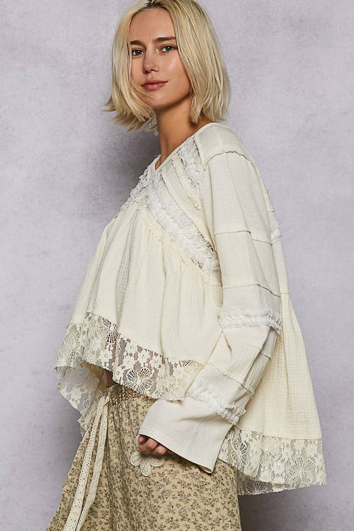 V-neck Gauze Lace Detail A-line Woven Top YKT1624