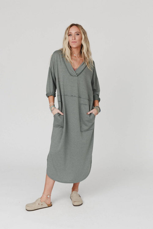 Three Bird Nest Meadow Long Sleeve Slit Maxi Dress - Light Olive