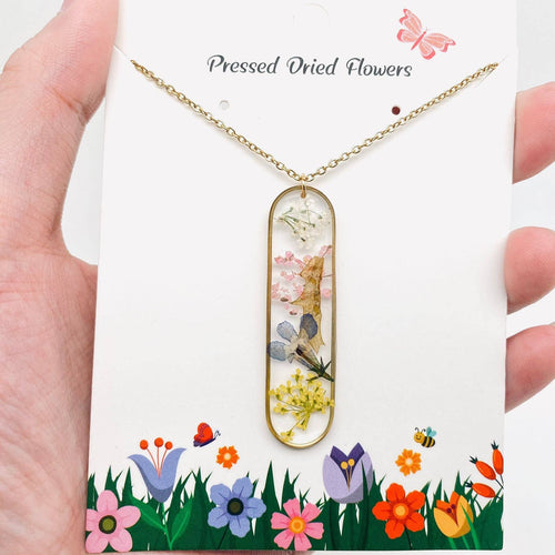 Long Ellipse Charm Dried Flowers Necklace