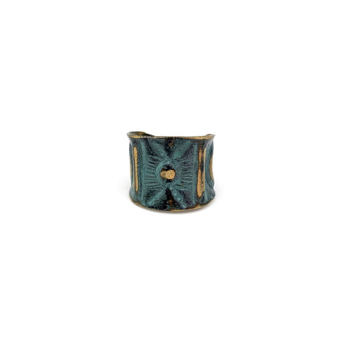 Brass Patina Ring - Aqua Sacred Geometry Allover Design 351 Aqua