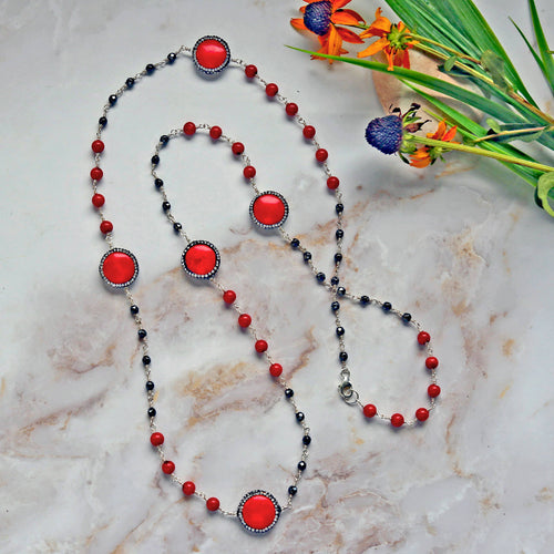 Red Druzy Magnesite and Red Coral Long Station Necklace 19C53