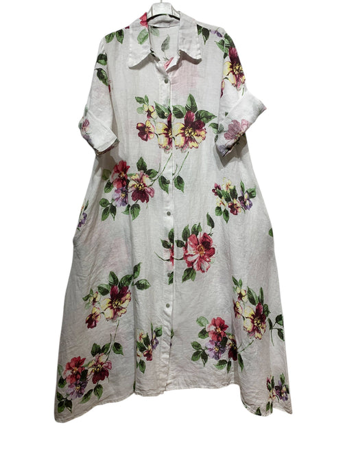 8052 Long Linen Floral Dress With Pockets