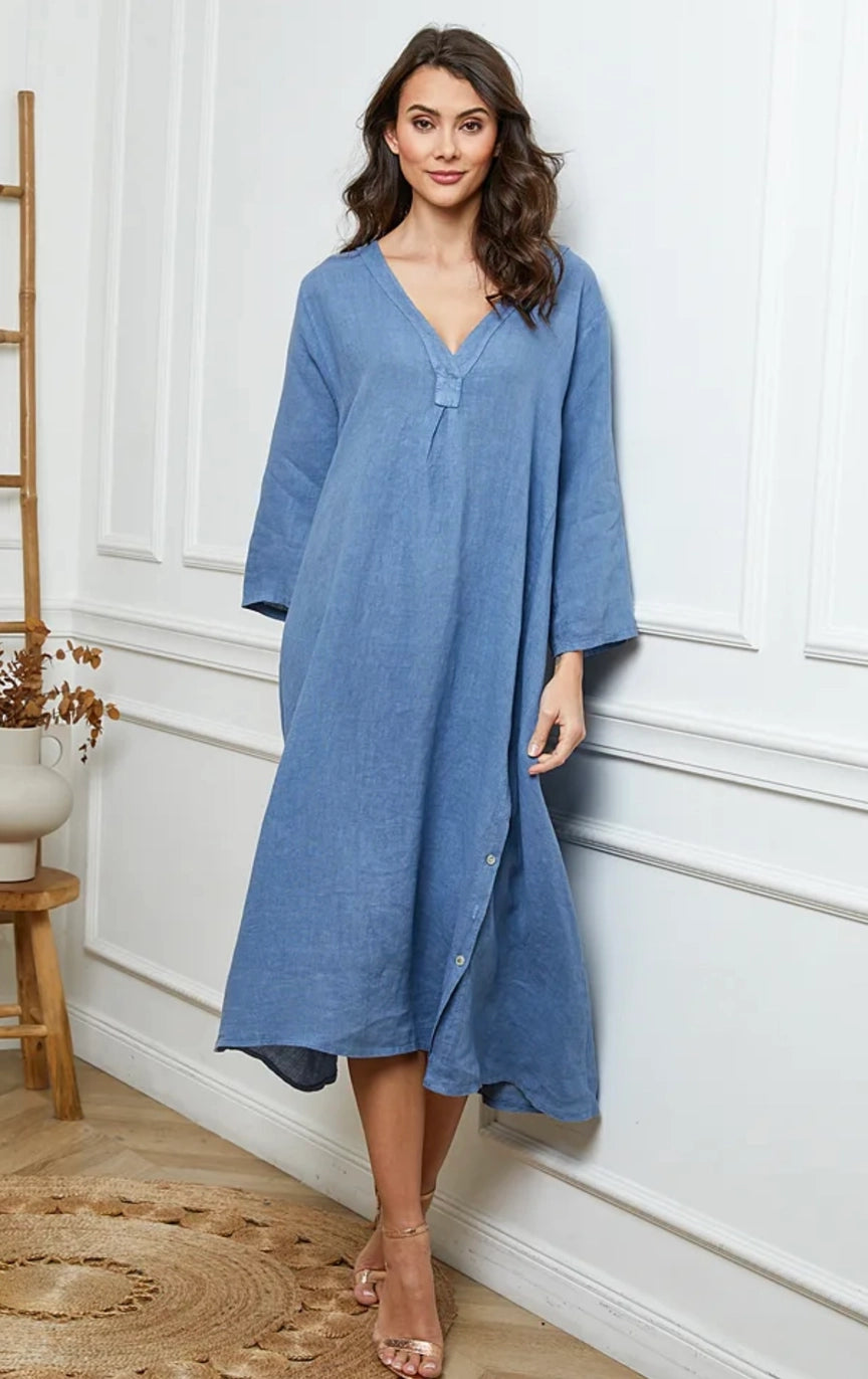 side button linen dress 21938 Long Side Button-Up Detailed Linen Dress Cottonways