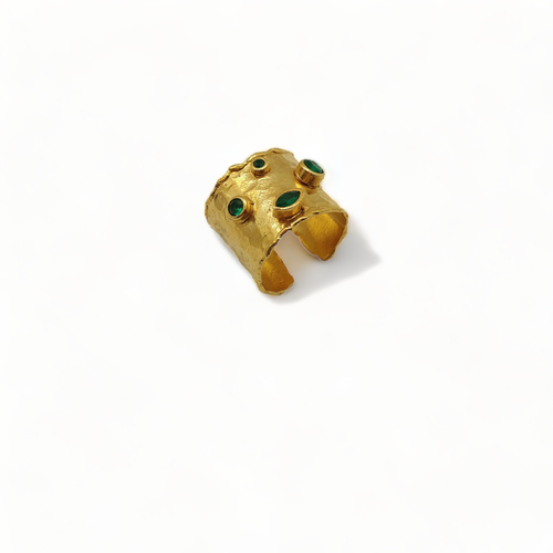 Gold-Plated Cuff Ring with Emerald CZ Stones | Adjustable Ha