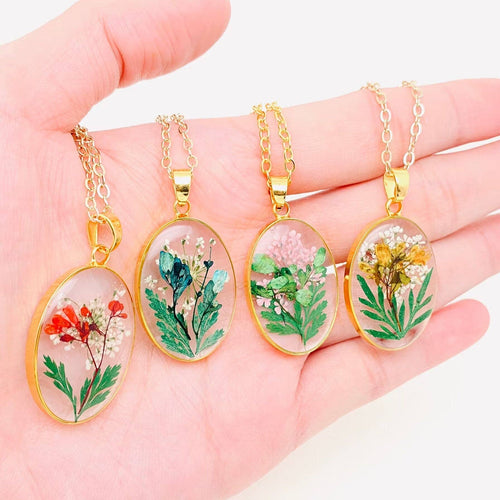 Pressed Dried Flowers Oval Pendant Necklace