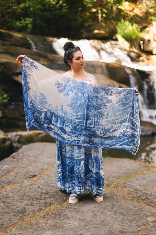 Let The Light In Bohemian Scarf w/ Blue Delft Toile Print