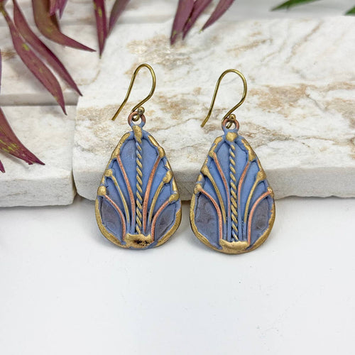 Handcrafted Dusty Blue Art Deco Brass Patina Earrings