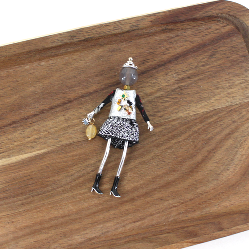 B25281 Stone Adorned French Doll Stainless Steel Brooch