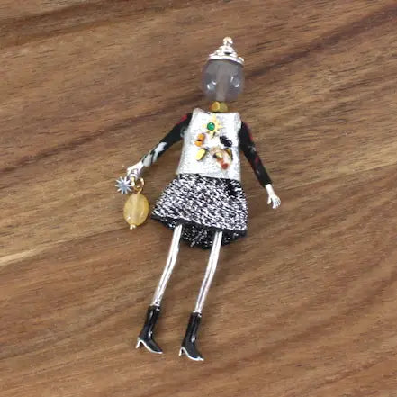 25281 Stone Adorned French Doll Stainless Steel Brooch