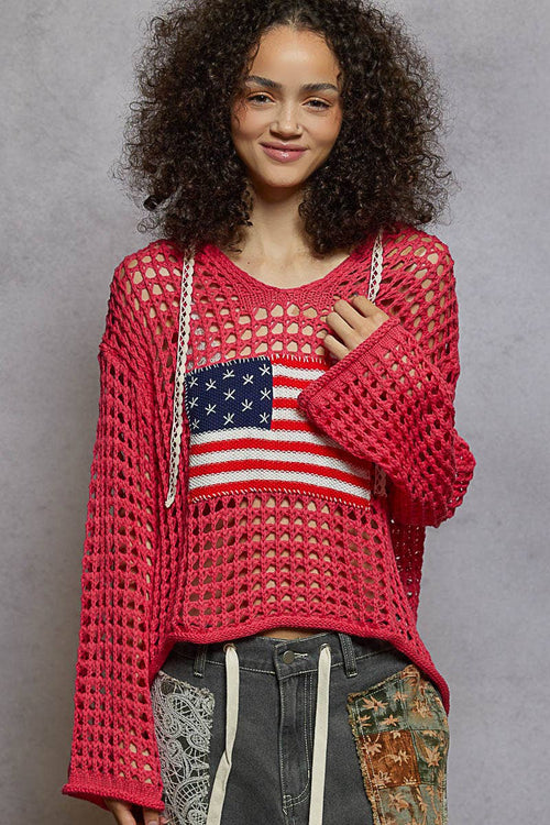 Crochet American flag Hoodie Thin Sweater UST319